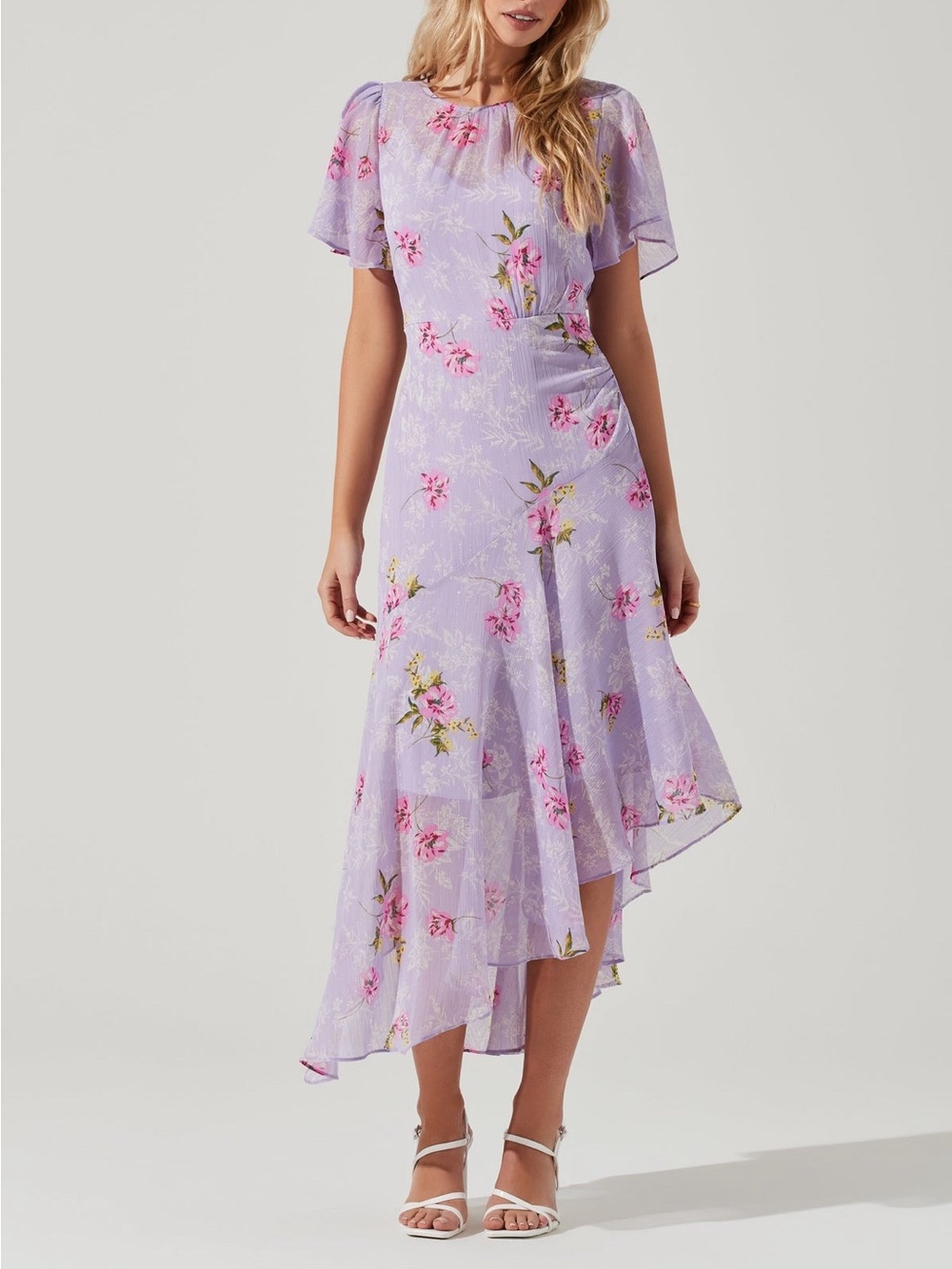 Astr Lilac Floral Midi Dress with Pink Blossoms